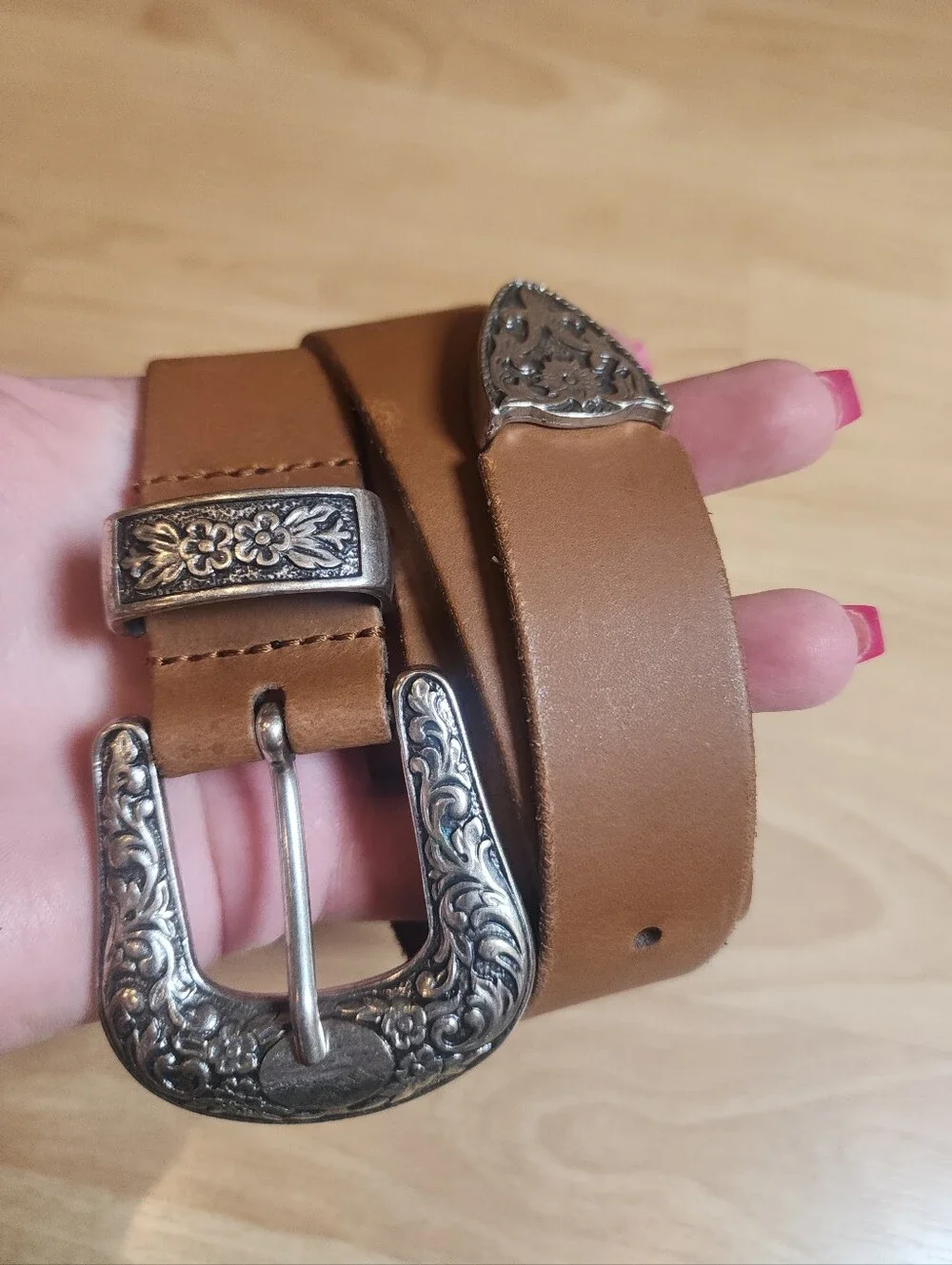 Yourturn Genuine Leather Brown Belt Silver Floral Metal Buckle 37